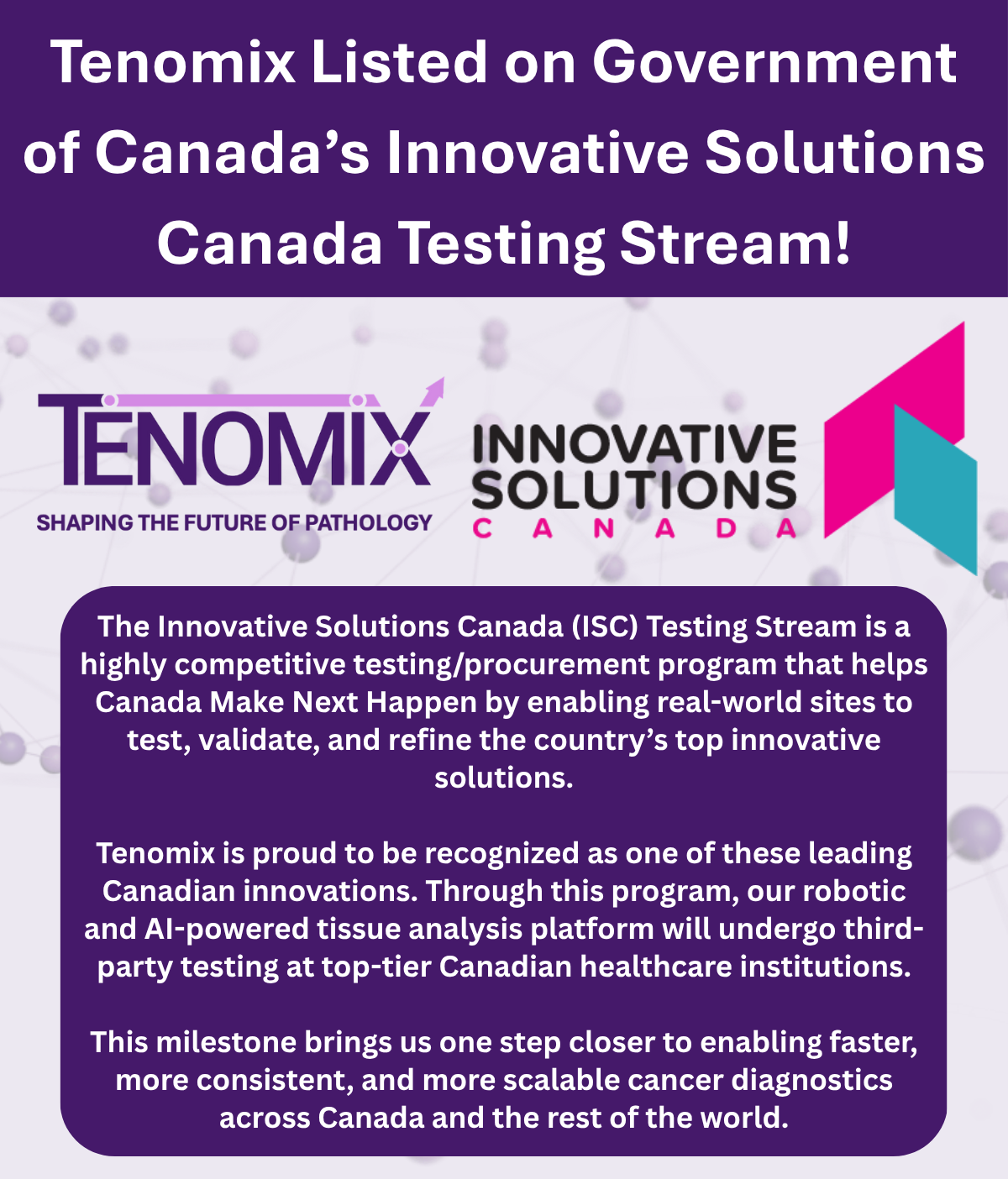 Tenomix Selected for Government of Canada's Innovative Solutions Canada (ISC) Testing Stream
